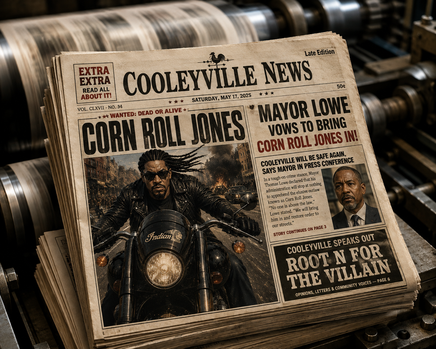 Cooleyville News front page — Wanted: Dead or Alive, Corn Roll Jones
